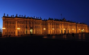 A view shows the Hermitage museum during Earth Hour in St. Petersburg